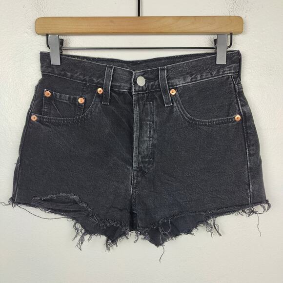 Levi's 501 Original Shorts Womens 24 Black Distressed Cut Offs Button Fly Grunge - Picture 1 of 8